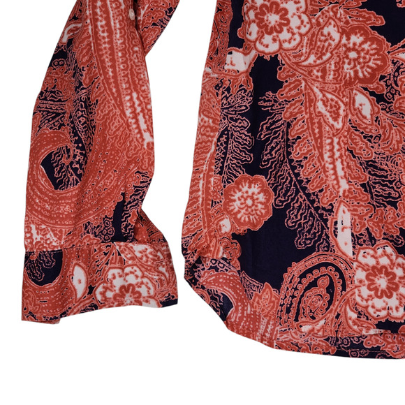Tommy Hilfiger S Paisley Button Up Shirt Women Orange Blue Roll Tab Sleeves BOHO - Picture 13 of 14
